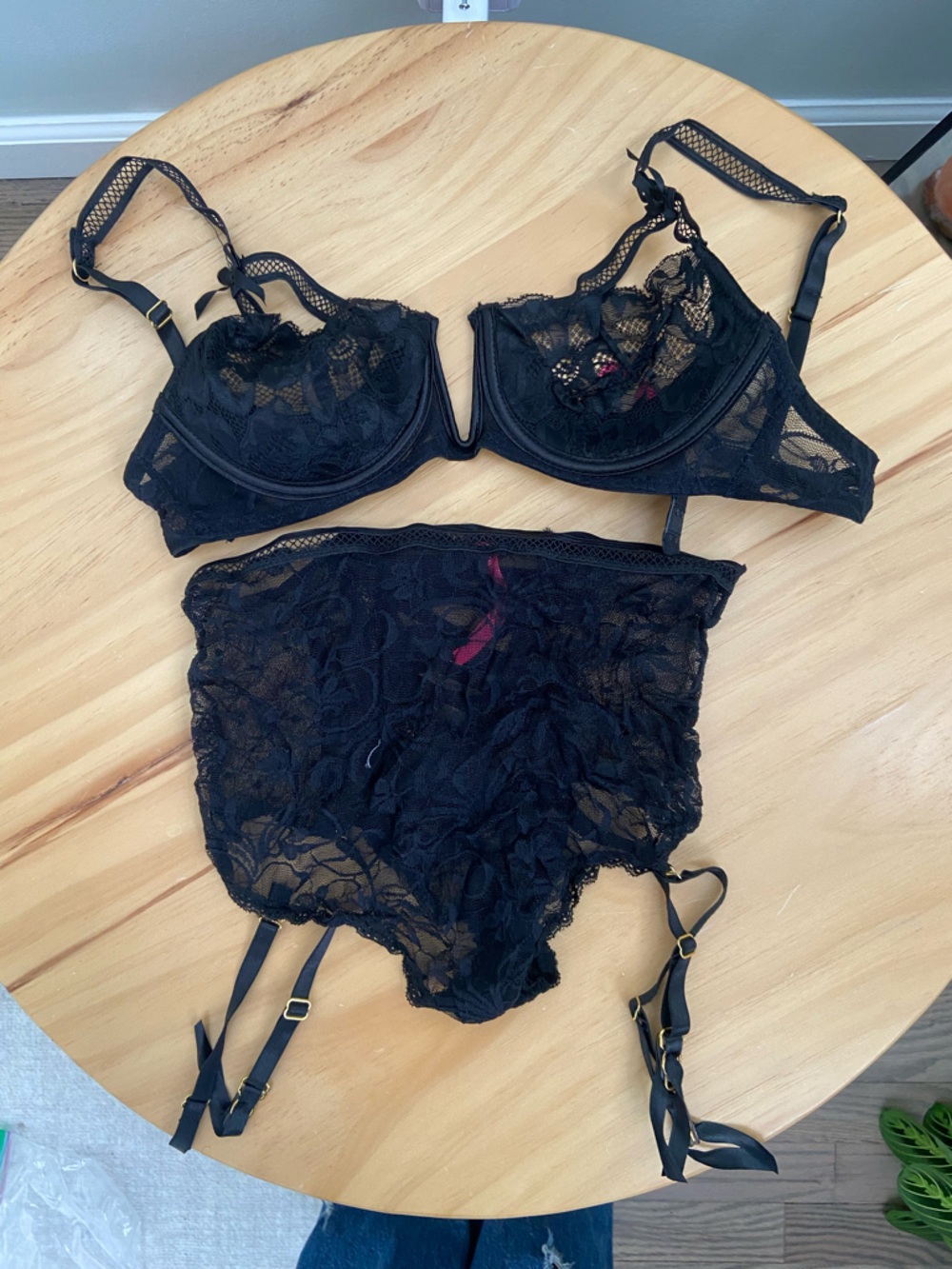 Sheer Black Lace Chemise Set with Garter Details